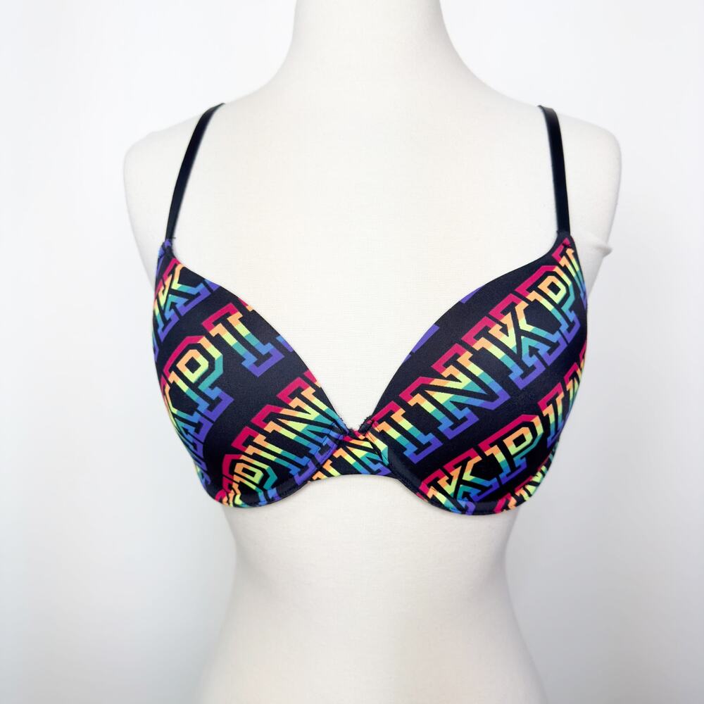 Victoria's Secret PINK Rainbow All Over Logo T-Shirt Bra 32D
